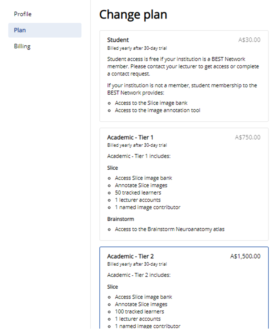 A list of plan options at can be chosen for BEST Network membership